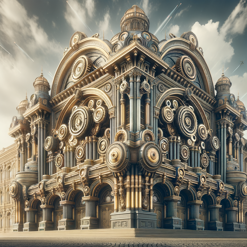 Create an image showcasing steampunk architecture, focusing on the exterior view of a grand theater. The style should reflect award-winning architectural photography from a science fiction magazine. The theater, a masterpiece of steampunk design, combines Victorian influences with futuristic, mechanical elements. Its intricate facade features exposed gears, brass pipes, and steam vents, all integrated into the ornate, classical structure. The building should be set against a dramatic sky, highlighting its unique features and the interplay of light and shadow, capturing the essence of a high-quality, professional architectural photograph.