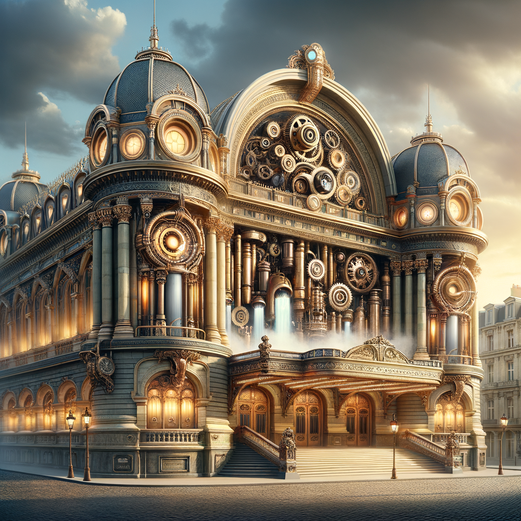 Create an image showcasing steampunk architecture, focusing on the exterior view of a grand theater. The style should reflect award-winning architectural photography from a science fiction magazine. The theater, a masterpiece of steampunk design, combines Victorian influences with futuristic, mechanical elements. Its intricate facade features exposed gears, brass pipes, and steam vents, all integrated into the ornate, classical structure. The building should be set against a dramatic sky, highlighting its unique features and the interplay of light and shadow, capturing the essence of a high-quality, professional architectural photograph.